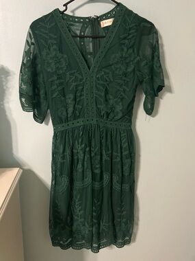 Altar'd State Dark Green Embroidered V-Neck Mini Dress